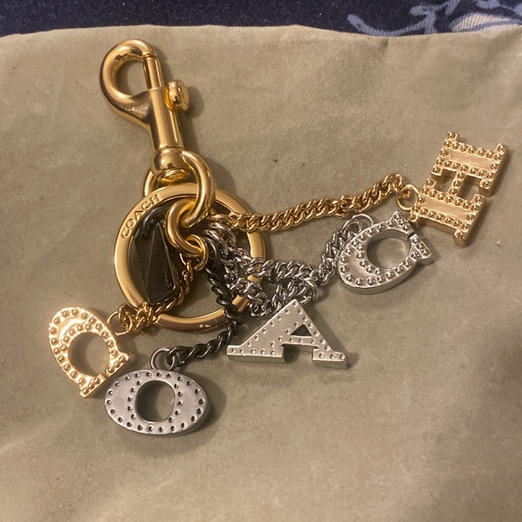 COACH Gold Silver Tone Sparkle Monogram Bag Charm Keychain - Picture 1 of 5